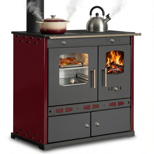 EEK A+ Küchenofen Holzherd ECO LUX INOX, Edelstahlbackfach, bordeaux, linke Version - 7,1 kW